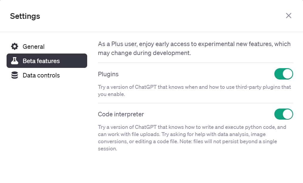 ChatGPTプラグイン有効化設定画面
